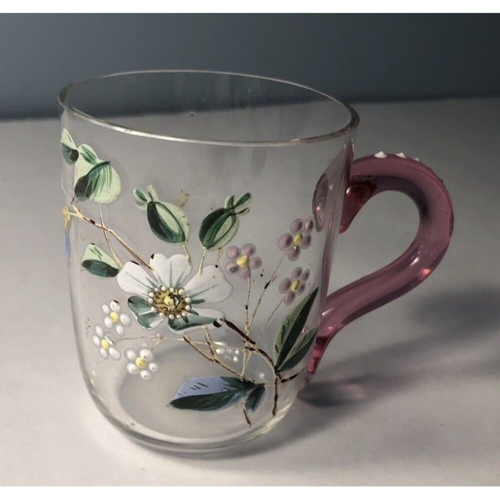 Hand Painted Shoot Glass Liquor Glass Embossed Floral pink Handle 3”’art Glass